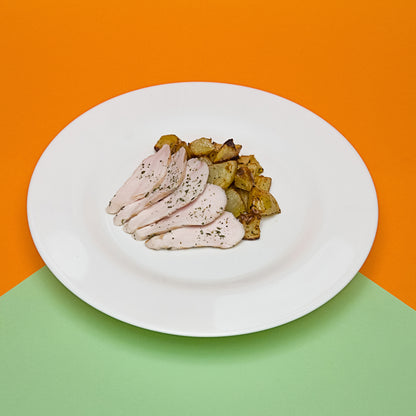 TAGLIATA DI POLLO ALLE ERBETTE CON PATATE ARROSTO