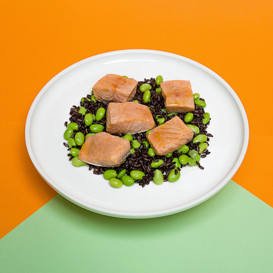 SALMONE CON RISO VENERE E EDAMAME (PIATTO UNICO)